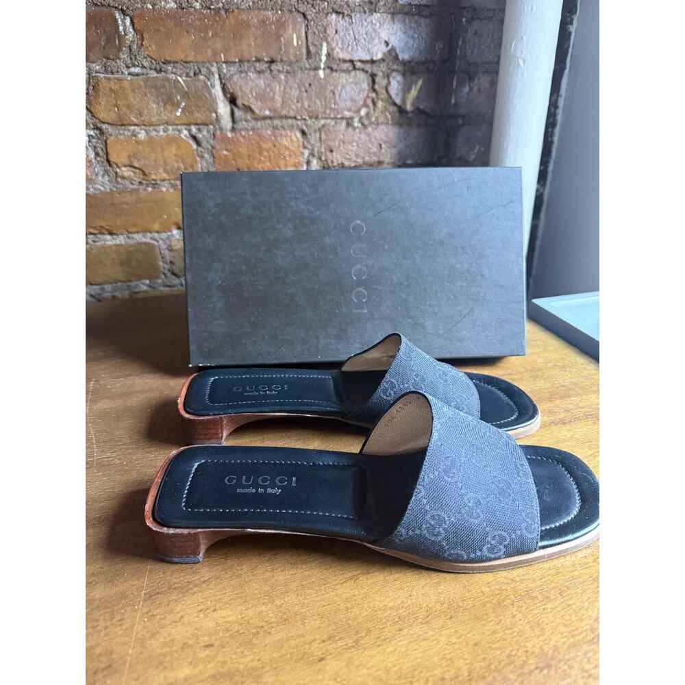 Vintage Gucci GG Monogram Canvas Slide Sandals Low Heel Size 8.5 B w Box